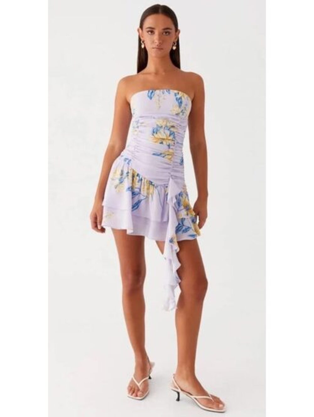 Peppermayo Viviana Mini Dress Lavender Floral Ruched Strapless Ruffle US 6